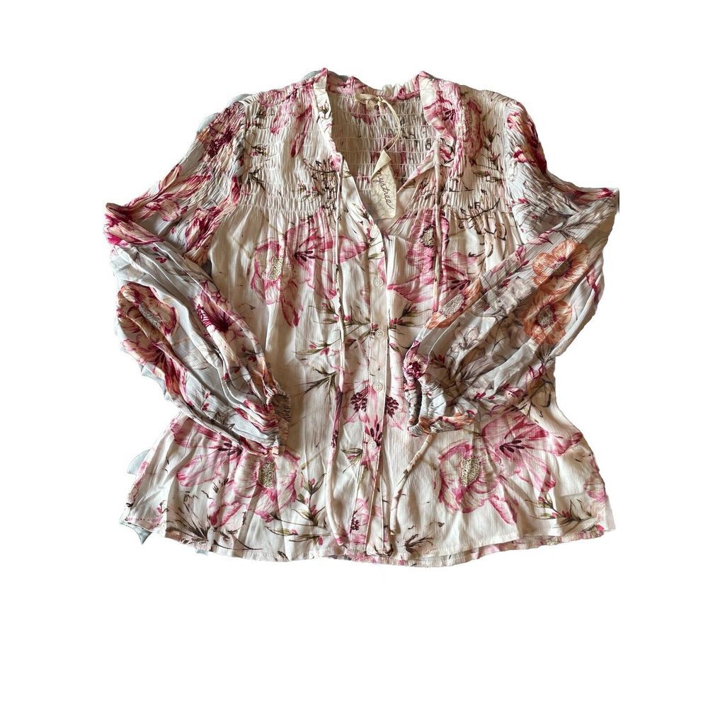 Mystree Womens Small Color Pink/Multi Tie Front Elastic Stretch Casual Blouse